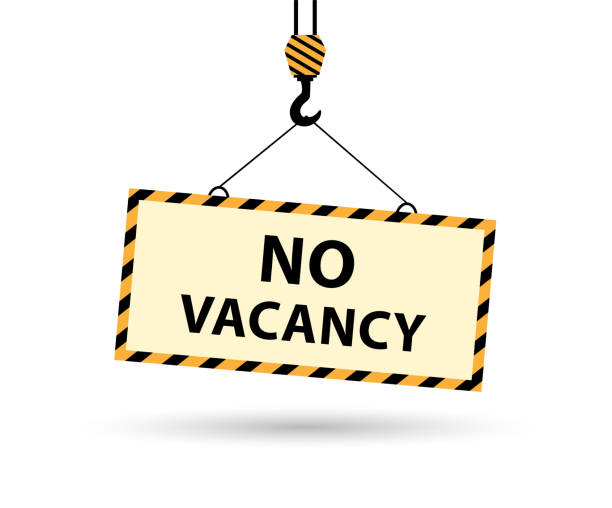 Construction hook holds a No vacancies sign. Vector illustration in flat style. No Vacancy sign hanging.